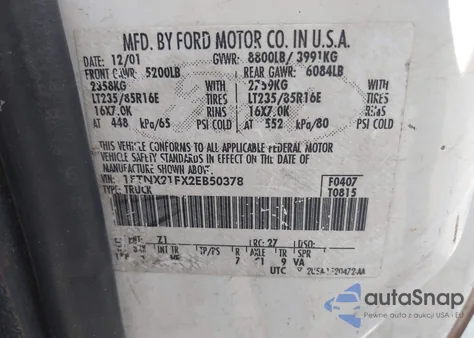 2002 Ford F-250 Lariat/Xl/Xlt из США, поврежденный, VIN 1FTNX21FX2EB50378